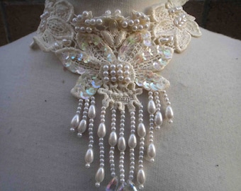 Beaded Lace Applique: Ivory Venice Collar, Costume Embellishment