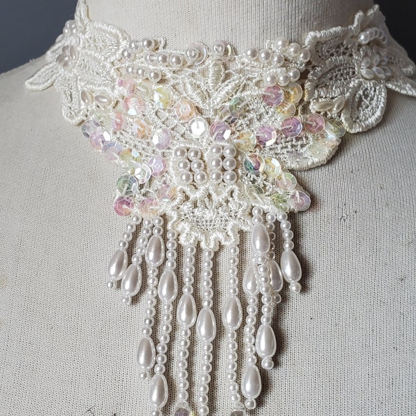 Cute Venice beaded applique ivory   color  9 inches wide at the neck 5 inches long from the center down