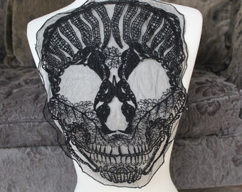 Embroidered Skull Applique, Black Lace Design (14x10 inch)