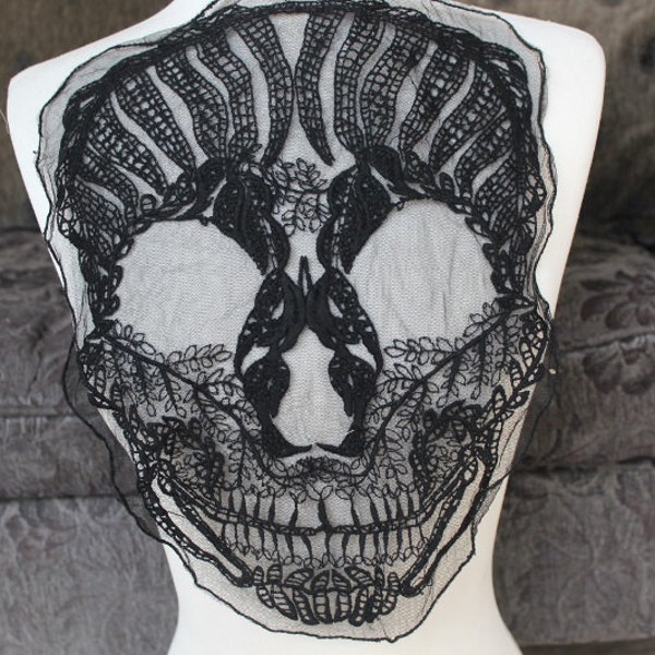 Embroidered Skull Applique, Black Lace Design (14x10 inch)
