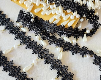 Black Embroidered Sewing Trim with Hanging Beads, 1 Yard