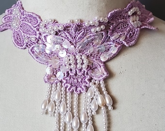 Cute embroidered  and beaded  venice applique  purple  color  1   piece listing