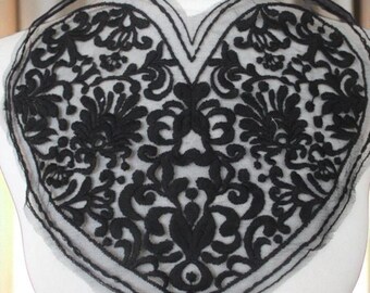 Black Embroidered Heart Applique, Dress Sewing Supply (11 inch)