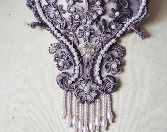 Cute embroidered  and beaded organza  applique  purple color  1   piece listing