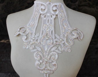 Cute venice applique ivory color with sparkles 1 pieces listing 5 inches wide at the neck 10 inches wide at the middle