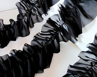 Black Ruffled Chiffon Trim, 2.5 Inch Wide, 2 Yards