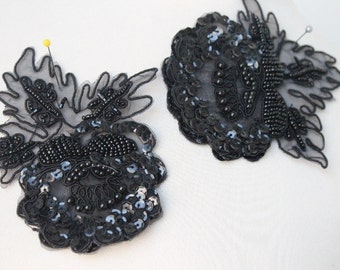 Cute embroidered  and beaded organza flower   applique black color 2 pieces listing