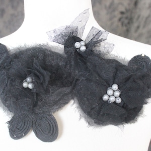 Black flower applique trim/ Cute embroidered    and beaded   chiffon flower  applique black color