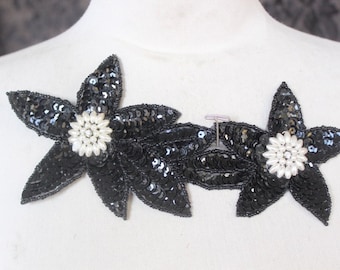 Cute embroidered  and beaded  flower  applique with  sequins black color 1 pieces listing