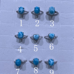 Puede incluir: Se muestran nueve anillos de plata con piedras preciosas azules. Las piedras preciosas varían en forma, incluyendo ovaladas y en forma de corazón. Cada anillo está numerado del uno al nueve, con los números impresos en blanco.