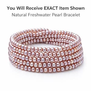 Puede incluir: Un brazalete de perlas naturales de agua dulce. El brazalete está hecho de múltiples hilos de pequeñas perlas redondas de color rosa-púrpura. El texto de la imagen dice: "You Will Receive EXACT Item Shown Natural Freshwater Pearl Bracelet."