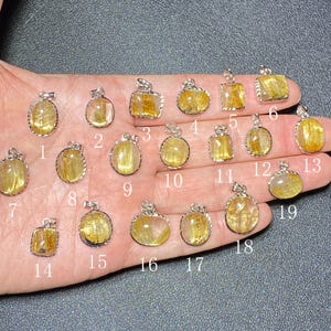 May include: A collection of gold-colored pendants with silver-colored settings, each with a unique shape and internal pattern. The pendants are numbered 1 through 19. The pendants are displayed on a hand.