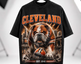 Camiseta vintage do Cleveland, camiseta com estampa de bulldog, camiseta retrô estilo futebol americano, streetwear americana, camiseta preta oversized com lavagem especial, presente unissex.