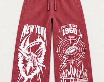 Vintage New York Football Sweatpants, Airplane First Flight Graphic Joggers, NYC Skyline Football Pants, Heavyweight Washed Y2K Streetwear.