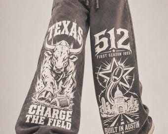 Austin Football Sweatpants, 512 Texas Bull Inspired Joggers, Austin College Football Graphic Pants, Heavyweight Washed Y2K Streetwear.
