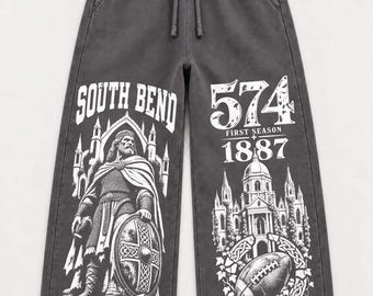 South Bend Football Sweatpants, Medieval Knight Graphic Joggers, Heavyweight Washed College Football Y2K Streetwear Pants, Unisex Fan Gift.