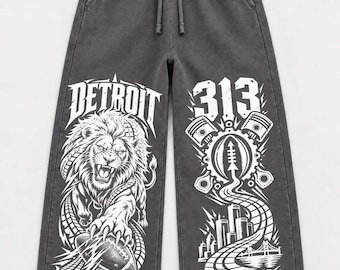 Detroit Football Oversized Sweatpants, 313 Lion Inspired Joggers, Motor City Football Graphic Pants, Heavyweight Washed Y2K Streetwear.