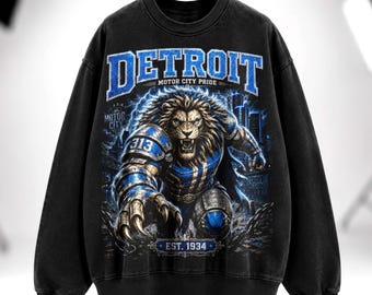 Vintage Detroit Football Shirt, Lion Graphic Tee, Motor City Americana Sweatshirt Hoodie, Washed Black Oversize Tee, Unisex Heavyweight Gift