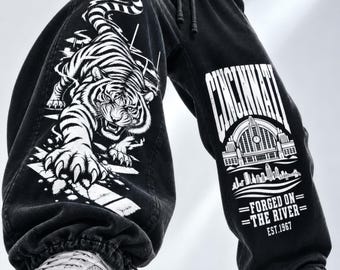 Vintage Cincinnati Football Sweatpants, Tiger & Union Terminal Joggers, Ohio Gridiron City Pants, Heavyweight Washed Y2K Unisex Streetwear.