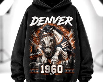 Camiseta vintage de futebol americano de Denver, camiseta com estampa da cidade a uma milha de altura, moletom retrô americano com capuz e gola redonda, estilo streetwear oversized preto lavado.