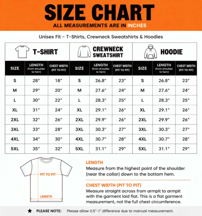 May include: A size chart for unisex t-shirts, crewneck sweatshirts, and hoodies with measurements in inches. The table lists length and chest width for sizes S through 5XL. Includes a diagram showing how to measure length and chest width.