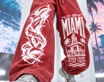 Vintage Miami Football Oversized Sweatpants, Ocean Wave Joggers, South Florida Beach City Pants, Heavyweight Washed Y2K Unisex Streetwear.