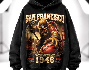 Moletom com capuz vintage de futebol americano de São Francisco, estampa Gold Rush Warrior, gola redonda, tecido pesado lavado, camiseta unissex, presente retrô streetwear.