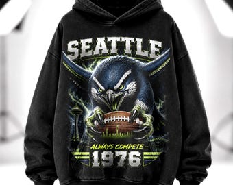 Seattle Vintage Football Shirt, Eagle Graphic Tee, Washed Black Oversized Hoodie Sweatshirt, Unisex T-Shirt, Retro Sports Streetwear Gift.