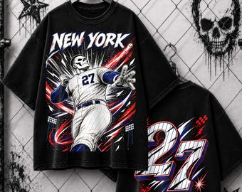 Camiseta vintage de beisebol de Nova York, camiseta com estampa de beisebol número 27, camiseta esportiva retrô, moletom com capuz oversized de beisebol, moletom gola redonda, presente unissex.