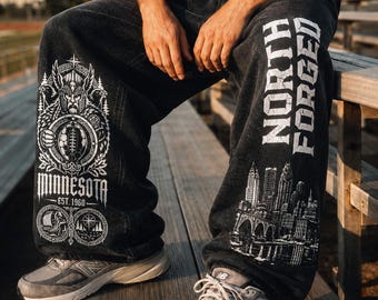 Calça de moletom Minnesota Nordic Warrior, estilo vintage de futebol americano, calça folgada streetwear, presente gótico Y2K, calça unissex oversized com lavagem especial.