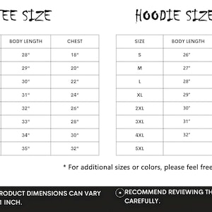 Op de afbeelding: Maattabel voor t-shirts en hoodies, met afmetingen in inches. De t-shirt maattabel bevat maten S tot en met 5XL, met lichaamslengtes van 71cm tot 89cm en borstmaten van 46cm tot 81cm. De hoodie maattabel bevat ook maten S tot en met 5XL.