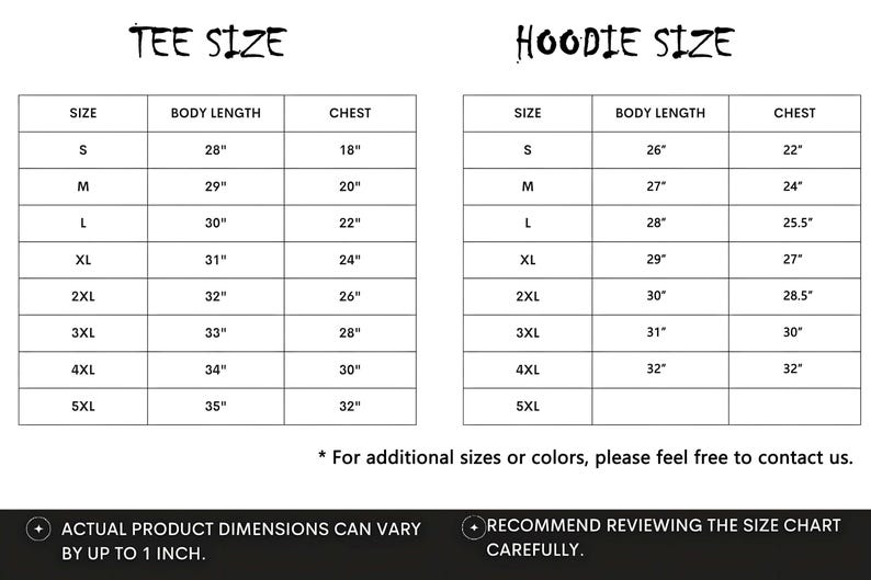 Op de afbeelding: Maattabel voor t-shirts en hoodies, met afmetingen in inches. De t-shirt maattabel bevat maten S tot en met 5XL, met lichaamslengtes van 71cm tot 89cm en borstmaten van 46cm tot 81cm. De hoodie maattabel bevat ook maten S tot en met 5XL.
