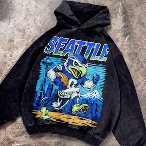 Vintage Seattle voetbal gewassen hoodie, T-shirt, oversized kleding sweatshirt met ronde hals, uniseks shirt, gamedag cadeau voor hem cadeau voor haar.