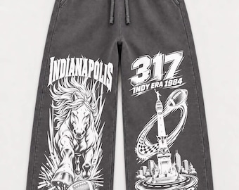 Indianapolis Football Oversized Sweatpants, 317 Horse Inspired Joggers, Indy City Monument Graphic Pants, Heavyweight Washed Y2K Streetwear.