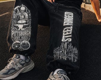 Calça de moletom do Pittsburgh Football, estilo jogger vintage da Steel City, calça streetwear gótica industrial, preta, lavagem pesada, unissex, ideal para presente dos anos 2000.