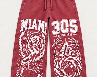 Miami Football Sweatpants, 305 Hurricane Graphic Joggers, Heavyweight Washed College Football Y2K Streetwear Pants, Unisex Game Day Gift.