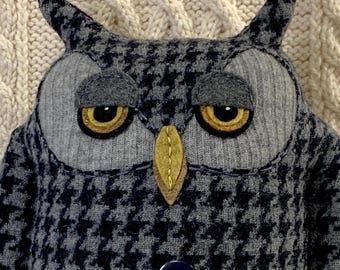 Olin, Sr. Owl, made from dark blue and gray houndstooth upcycled wool sweater