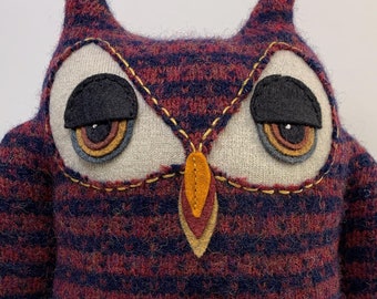 Orvil Owl, made from a burgundy and dark blue upcycled wool sweater