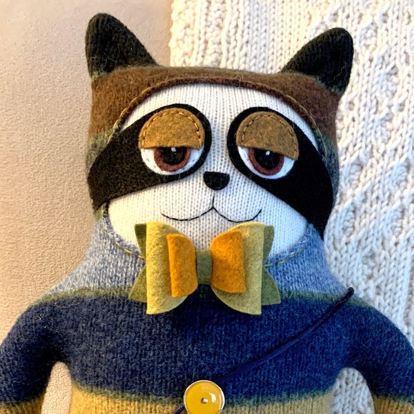 Randall Raccoon with Handy Grab Bag, made from colorful striped upcycled wool sweater, large size