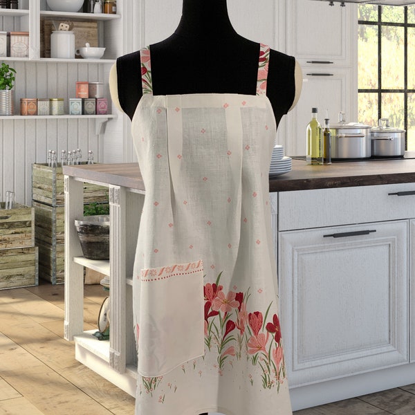 Women's Apron with criss-cross back straps and extra large pocket, made from a vintage linen tablecloth