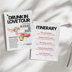 Puede incluir: Dos folletos de papel blanco arrugado con texto en negro y rojo. Uno dice "DRUNK IN LOVE TOUR" con detalles del evento y una ilustración de cóctel. El otro enumera un itinerario con nombres y direcciones de bares.