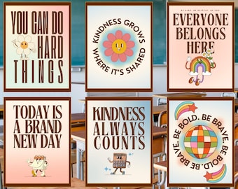 May include: Six framed posters with inspirational messages and retro illustrations. The posters feature phrases like "You Can Do Hard Things" and "Everyone Belongs Here." The color palette includes brown, beige, pink, and blue, with cartoon-style graphics.
