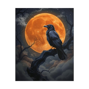 Mystical Raven Wall Art Print, Dark Moon Decor, Halloween Home Decor, Gothic Poster, Bird Lover Gift, Spooky Art Carrying Vibes