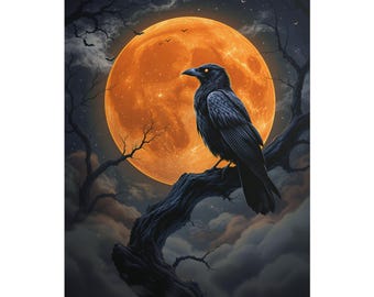 Mystical Raven Gothic Art Print: Halloween Moon Decor