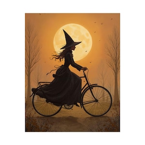 Vintage Gothic Witch Bicycle Print: Spooky Autumn Full Moon Art