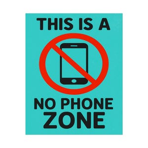 May include: A teal sign with black text and a red circle with a line through a black smartphone. The text reads "THIS IS A NO PHONE ZONE."