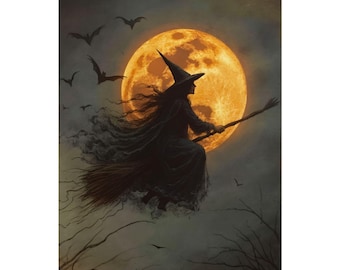 Witch on Broomstick Art Print: Gothic Halloween Moonlight Poster