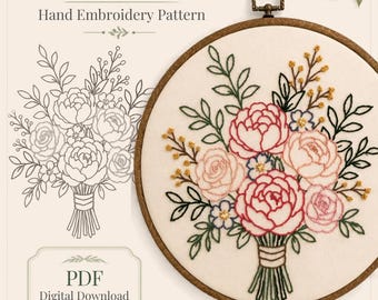 Modern Floral Bouquet Embroidery Pattern, Peony & Rose Hoop Art (PDF Download)