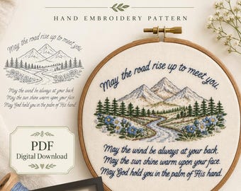 Irish Blessing Embroidery Pattern, May the Road Rise, Modern Landscape (PDF Download)