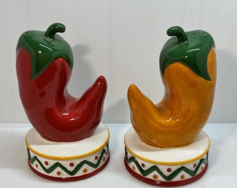 Clay Art Red and Yellow Chili Peppers Hand Painted Ceramic Salt & Pepper Shakers